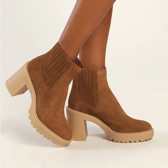 Dolce Vita Caster H2O Camel Brown Suede Platform Ankle Boots - Picture 1 of 2